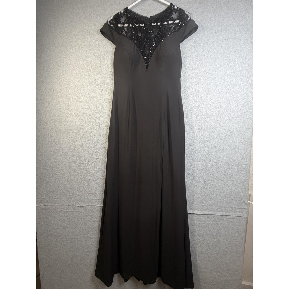 Adrianna Papell Dress Womens 8 Black Sequin Lace Illusion Neck Maxi Formal